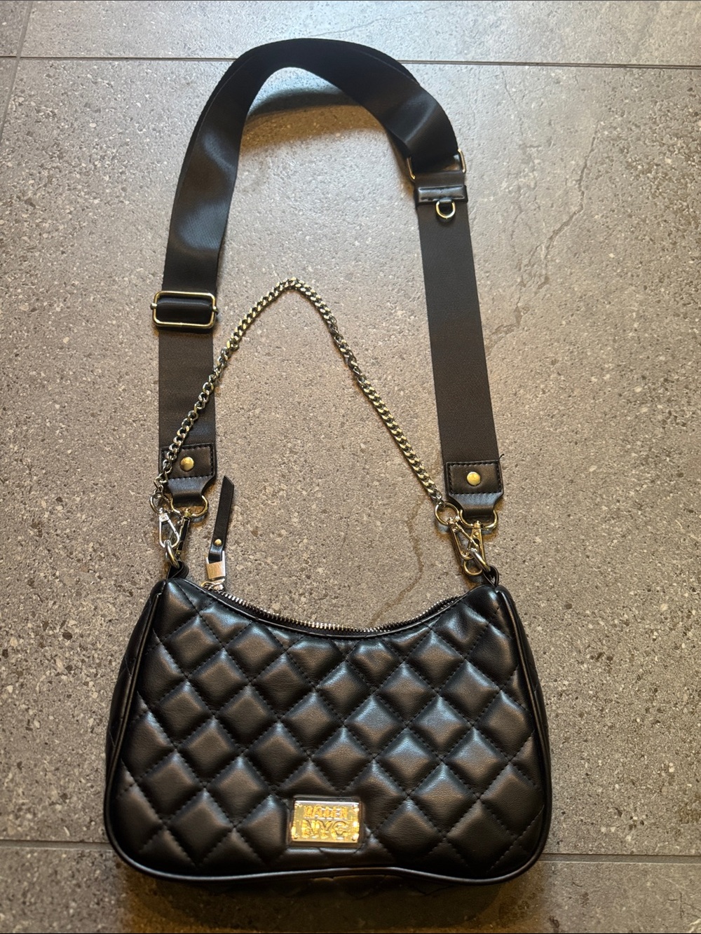 Black Quilted Crossbody Bag with Gold Hardware